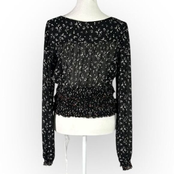 Free People Lolita Top Womens Large Black Floral Long Sleeve Smocked Square Neck - Picture 5 of 13